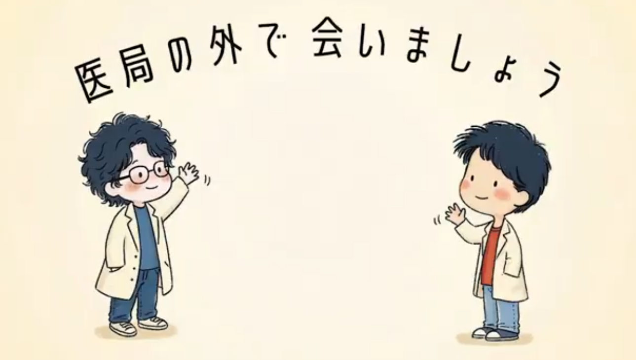 医局の外で会いましょう。白衣の2人が向かい合う番組イラスト。