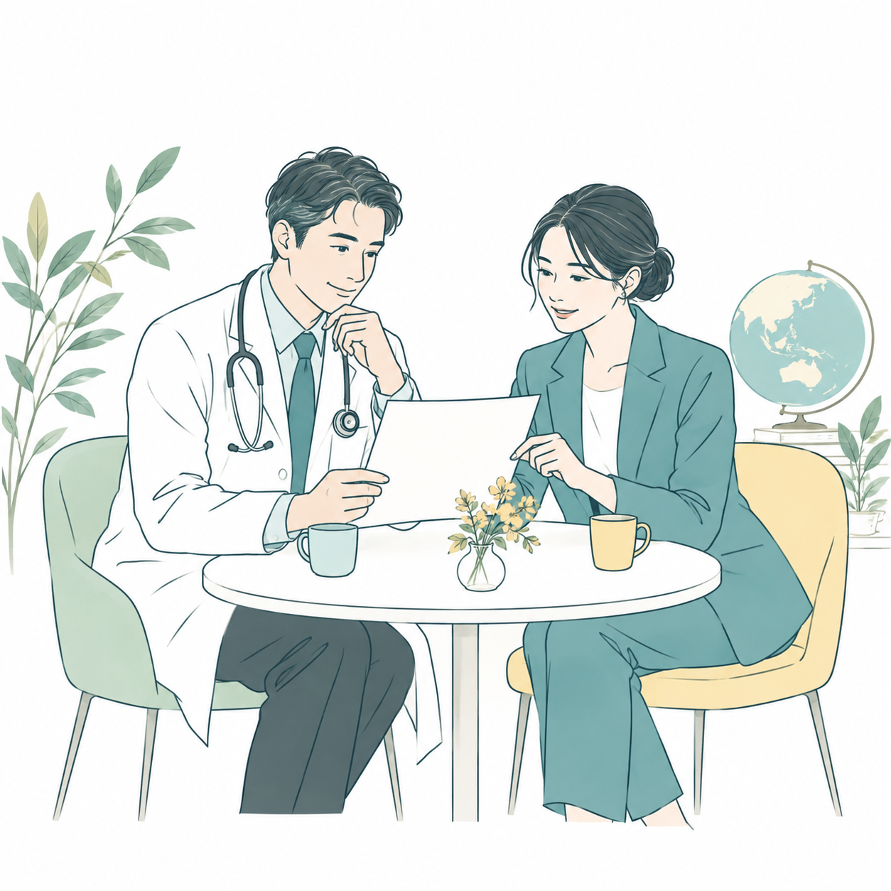 書類を見ながら相談する二人の専門家のイラスト。