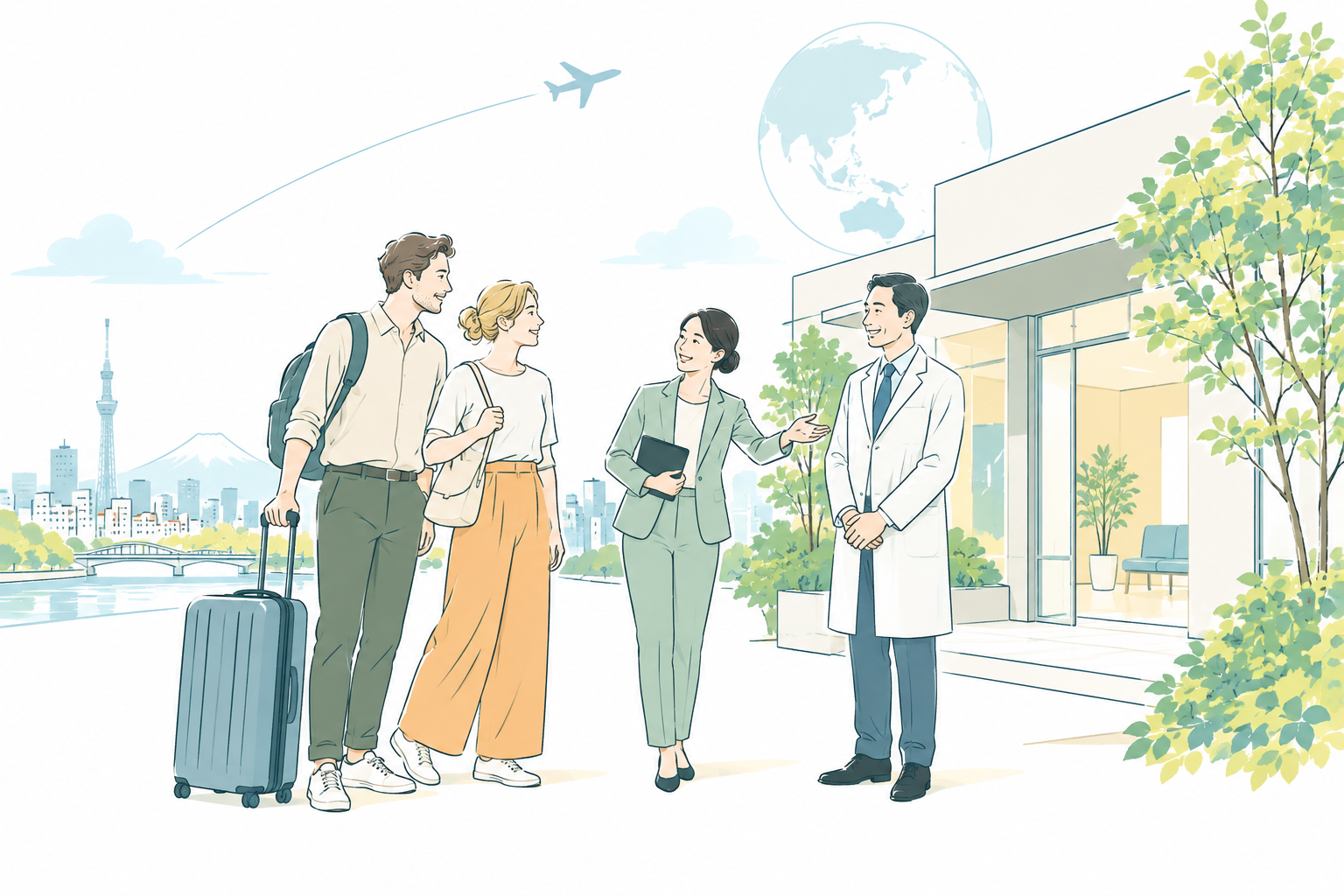 日本の街で、海外からの旅行者を医師とコーディネーターが迎えるイラスト。