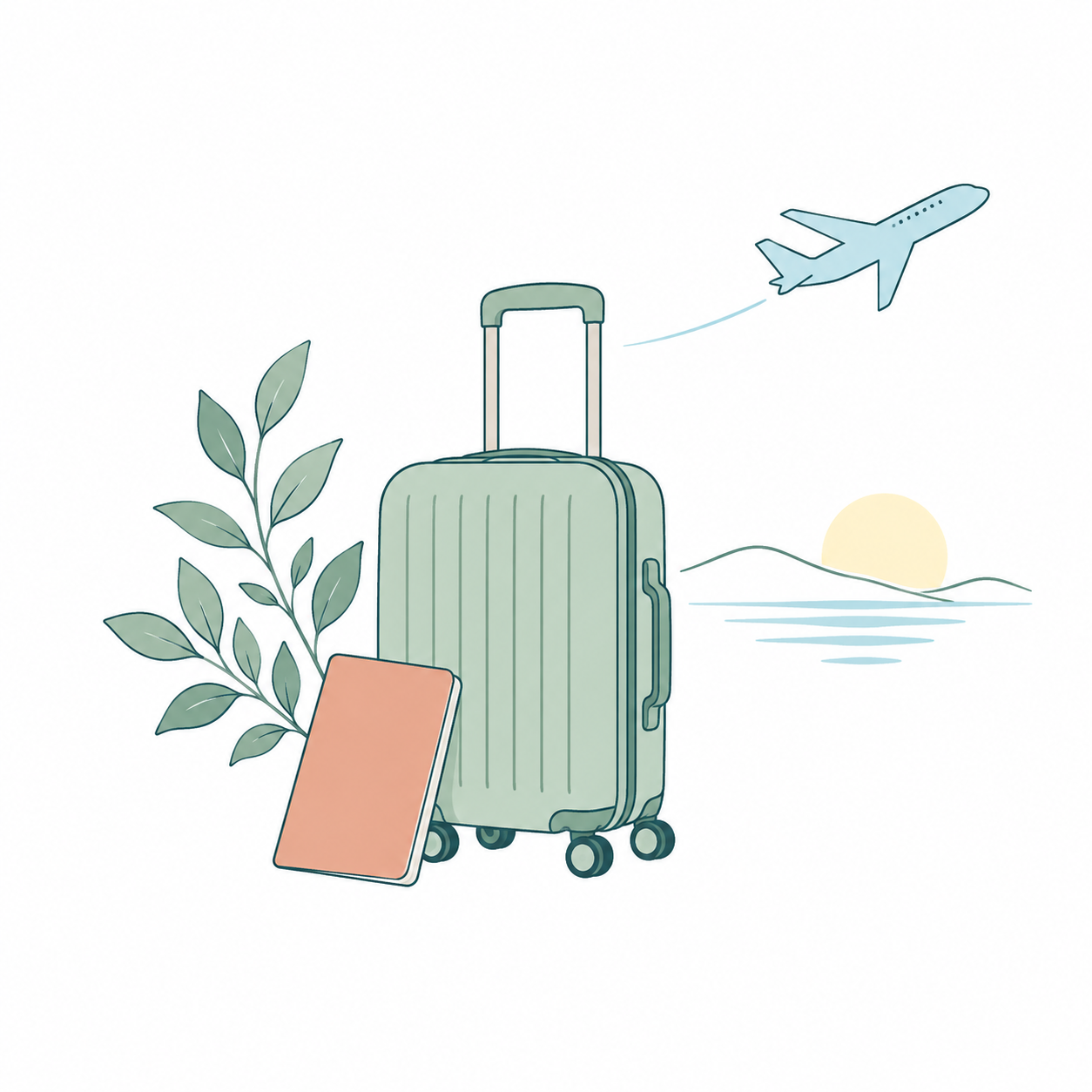 スーツケースとパスポート、空を飛ぶ飛行機のイラスト。