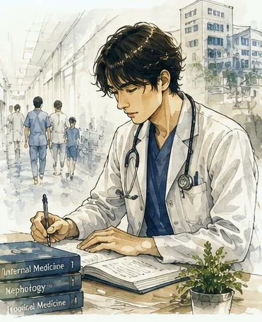 白衣を着て机に向かい、内科学・腎臓病学・熱帯医学の本を積んで書きものをしているところ。