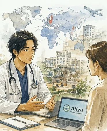 白衣の医師が机ごしに来訪者と話している。背景に世界地図と、国をまたぐ航路。